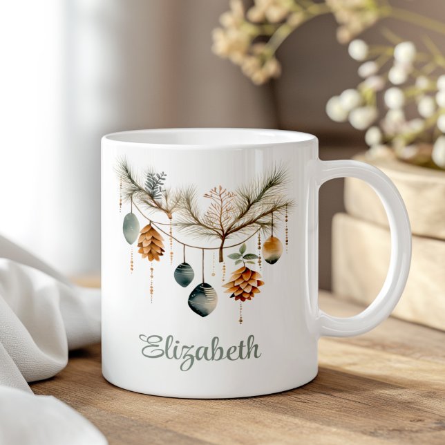 Mug Boho Aquarelle Ornement de Noël Nom personnalisé (Boho Watercolor Christmas Ornament Custom Name Coffee Mug on a boho wooden table.)