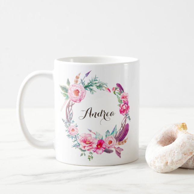 Mug Boho Aquarelle Peonies roses Fleurs Wreath (Avec donut)