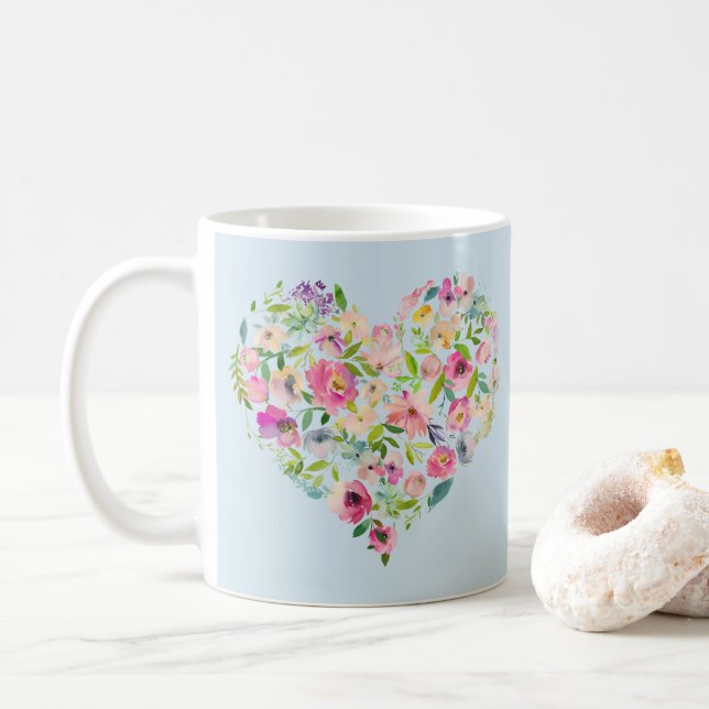 Mug Boho Bailee | Blue Pastel Floral Heart Initial (Avec donut)