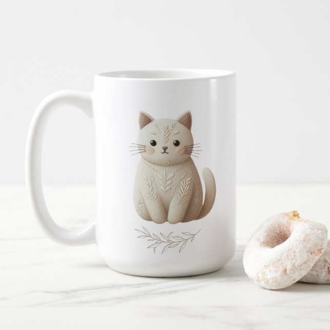 Mug Boho Brodé Beige Kitty avec Feuille (Avec donut)