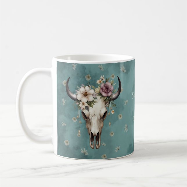 Mug Boho Chic Aquarelle Florale Vache Crâne (Gauche)
