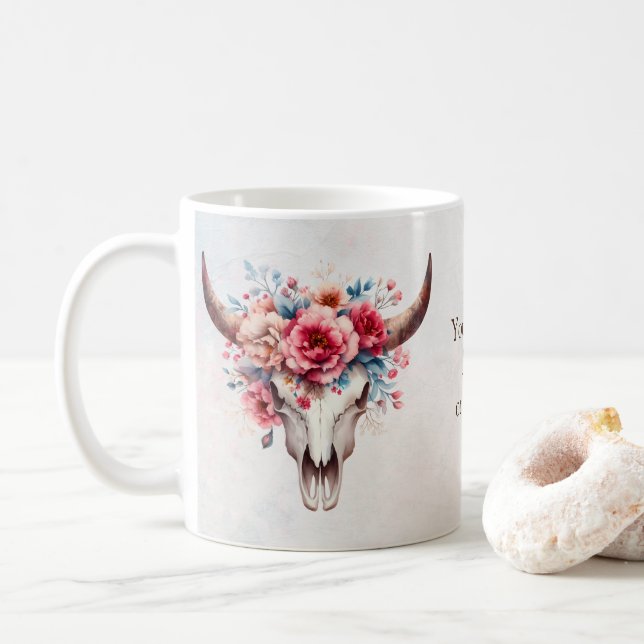 Mug Boho Chic Aquarelle Florale Vache Crâne (Avec donut)