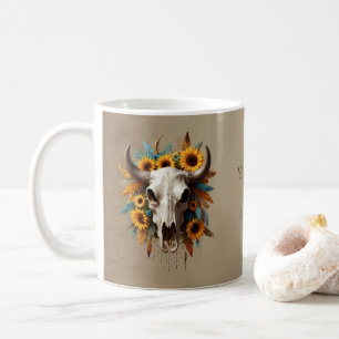 Mug Boho Chic Aquarelle Tournesol Plumes Vache crâne