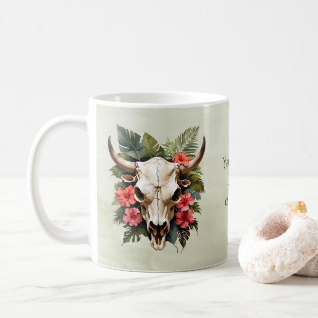 Mug Boho Chic Aquarelle Tropicale Floral Vache Crâne (Avec donut)
