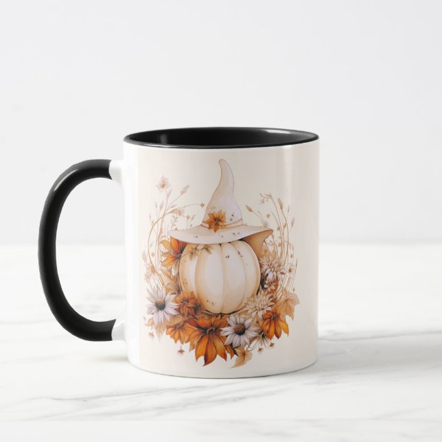 Mug Boho Citrouille Blanche et Fleurs Crème Halloween (Gauche)