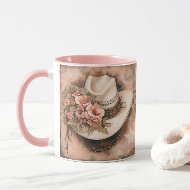 Mug Boho cowgirl fleurs casquette et saumon (Avec donut)