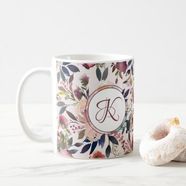 Mug Boho Fleurs rose Sage Vert Monogramme (Avec donut)