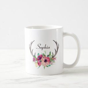 Mug Boho Floral Rustique Antlers avec Monogram