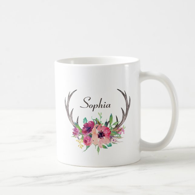 Mug Boho Floral Rustique Antlers avec Monogram (Droite)