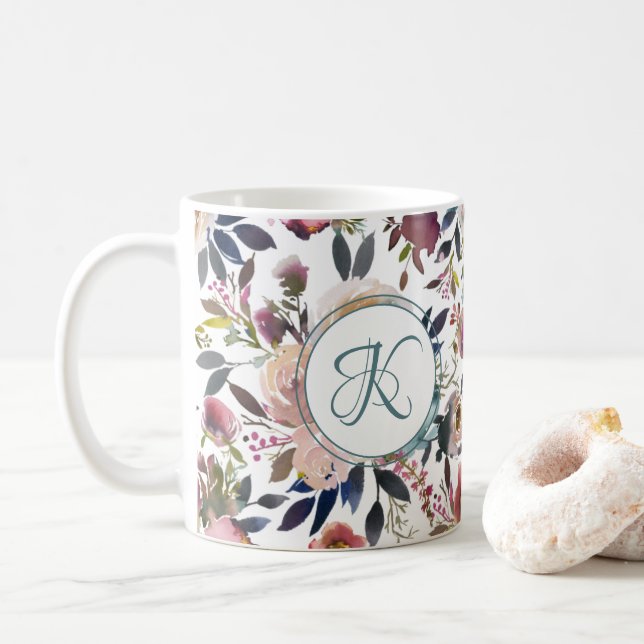 Mug Boho Flowers vert rose Monogramme (Avec donut)