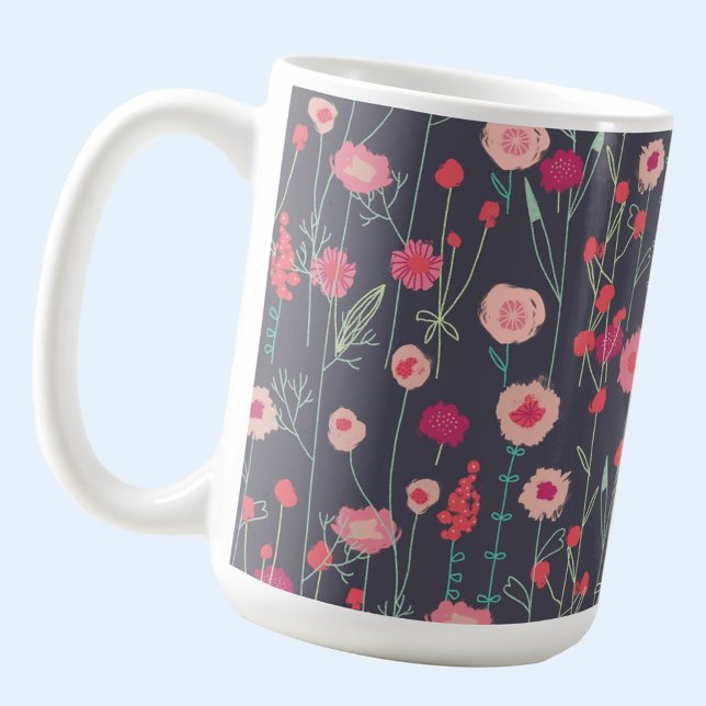 Mug Boho noir rose floral (Boho floral pink and charcoal gray coffee mug)