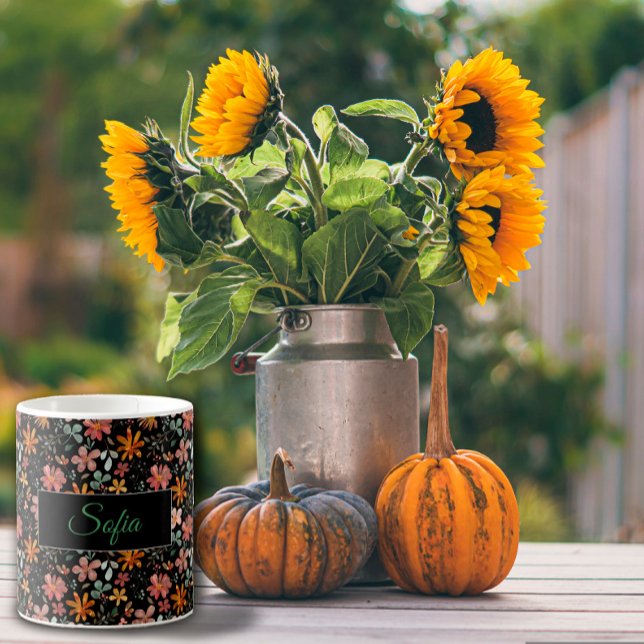 Mug Boho orange rose fleur aquarelle motif noir (Créateur téléchargé)
