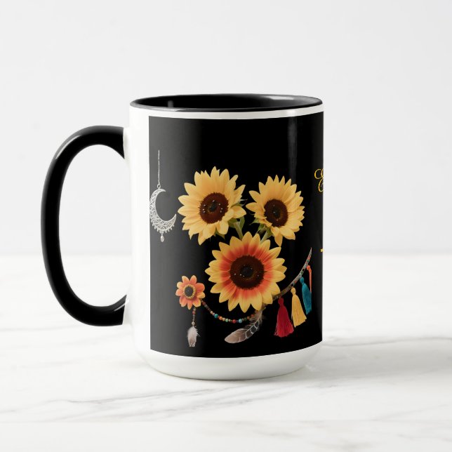 Mug Boho personnalisé floral tournesol noir café (Gauche)