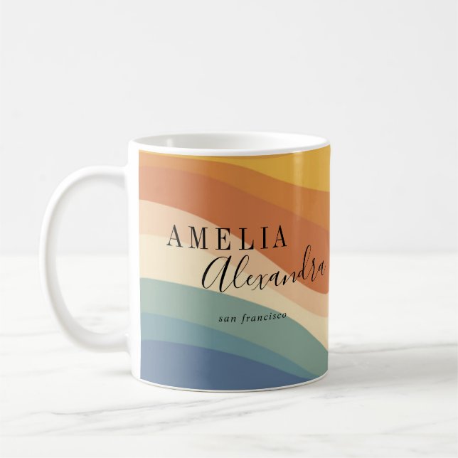 Mug Boho Retro Script Abstrait Wavy Lines Jaune Bleu (Gauche)