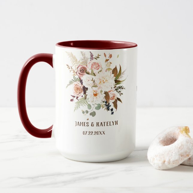 Mug Boho Soft Coloured Rose/White Flowers Mariage (Avec donut)