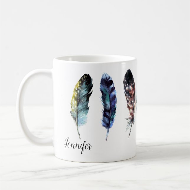 Mug Boho Style aquarelle plumes personnalisées (Gauche)