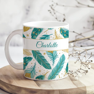Mug Boho Turquoise et or Feathers Nom du script