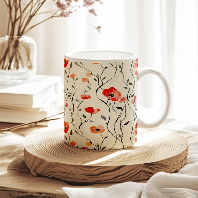 Mug Boho Vintage Aquarelle Rouge Populaire Motif (Boho Vintage Watercolor Red Poppy Pattern Coffee Mug on a sunny neutral boho kitchten table.)