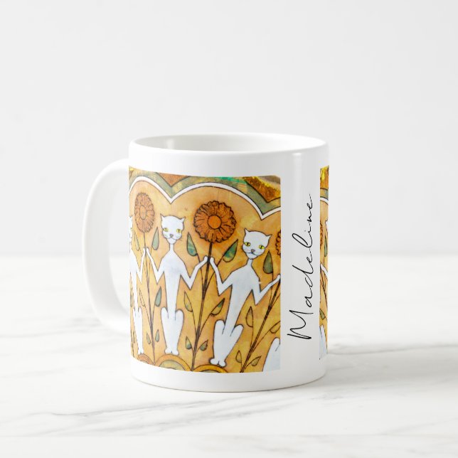 Mug Boho Vintage Art Nouveau français Chats Tournesols (Devant gauche)