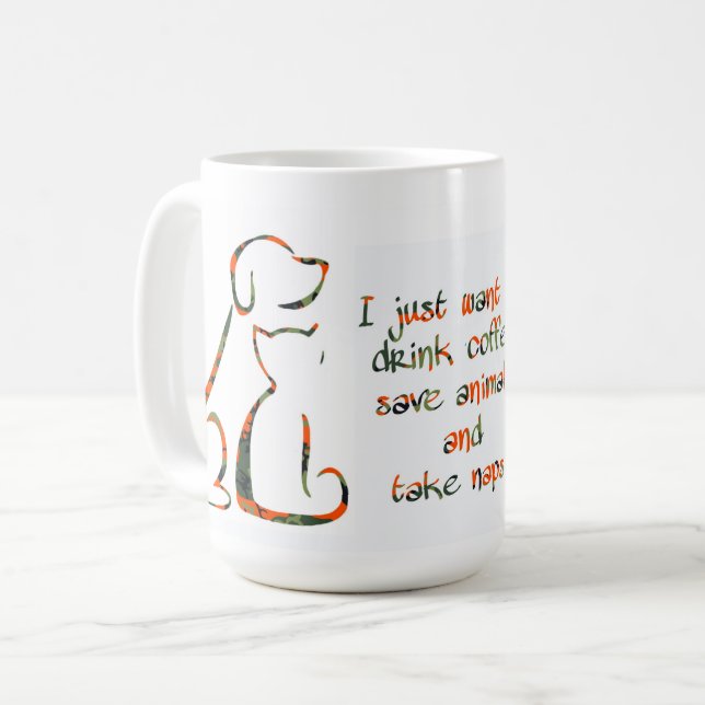 Mug Boire du café, Sauvez les animaux, Faire des siest (Devant gauche)