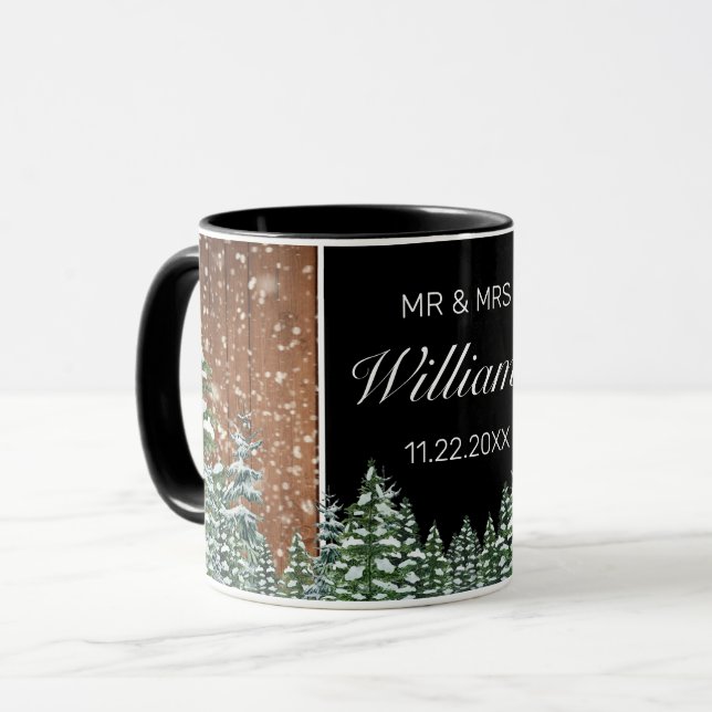 Mug Bois neigeux & Forêt Pin Noir Mariage M. Mme (Devant gauche)