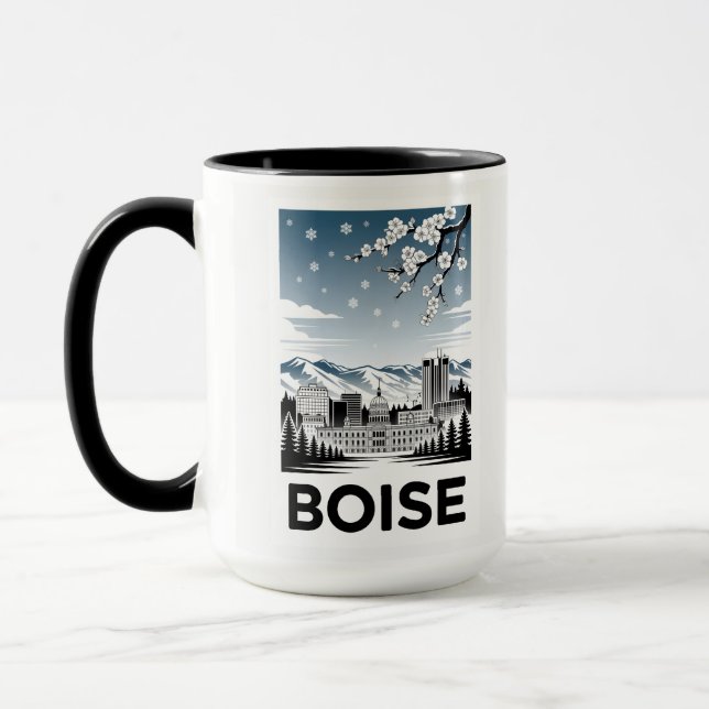 Mug Boise Skyline Noir et Blanc Gravure sur Bois Hiver (Gauche)