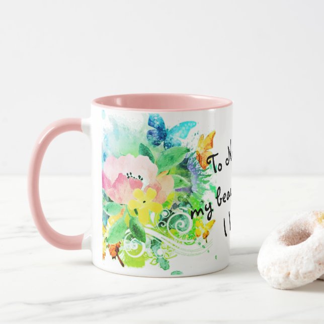 Mug Boisson florale rose et turquoise pour ma nièce (Avec donut)