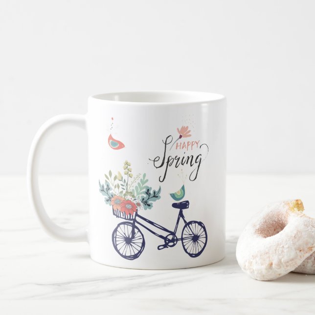 Mug Bon design printemps : vélo, fleurs et oiseaux (Avec donut)