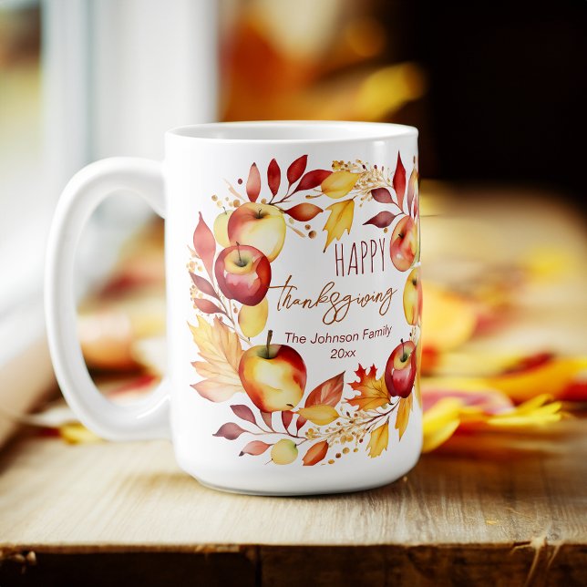 Mug Bon thanksgiving cadeaux aquarelle pomme couronne (Happy thanksgiving personalized coffee mug thanksgiving gifts)