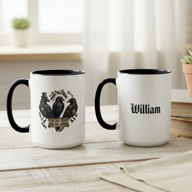 Mug Bonbons de corbeaux d'Halloween, friandise ou farc (Custom Halloween mug for a friend's spooky season)