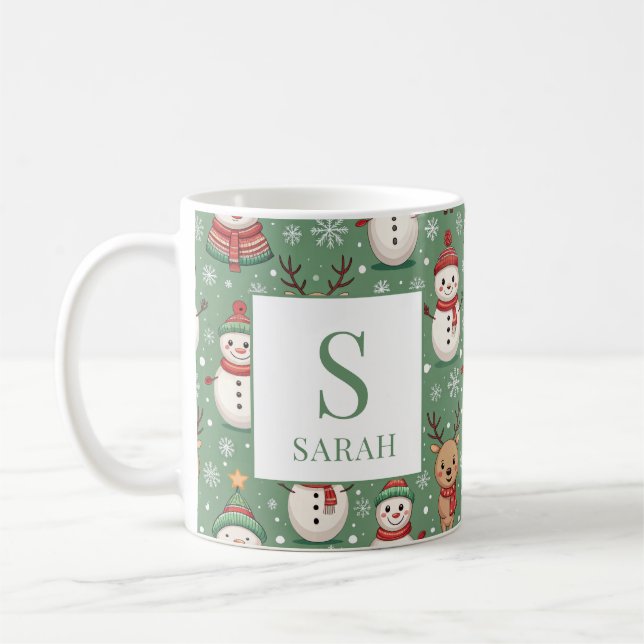 Mug Bonhomme de neige de Noël vert & Monogramme de nom (Gauche)