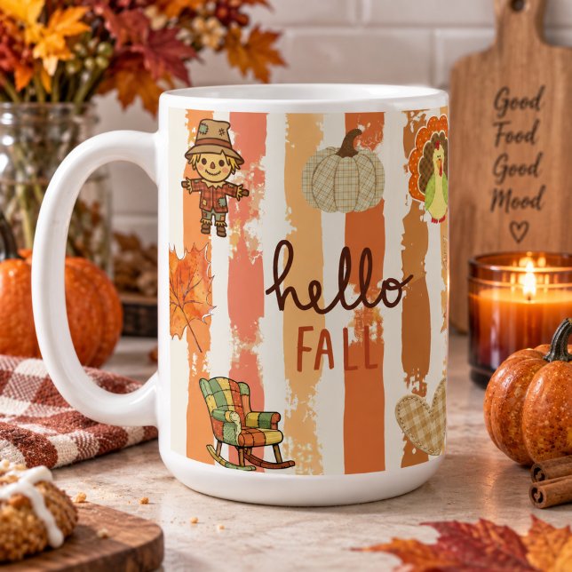 Mug Bonjour Automne Patchwork Rustique Feuilles Orange (Créateur téléchargé)