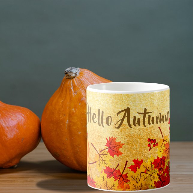 Mug Bonjour Automne Rustique Rouge Feuilles Orange Pap (Créateur téléchargé)