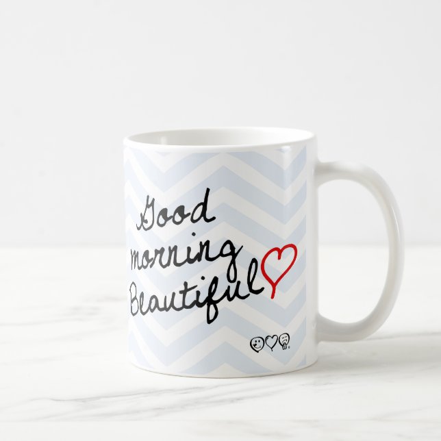 Mug Bonjour beau ! Motif bleu-clair de Chevron (Droite)