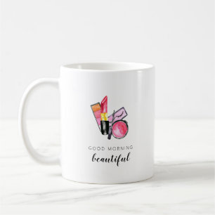 Mug Bonjour Beau Rouge à Lèvres Aquarelle Maquillage