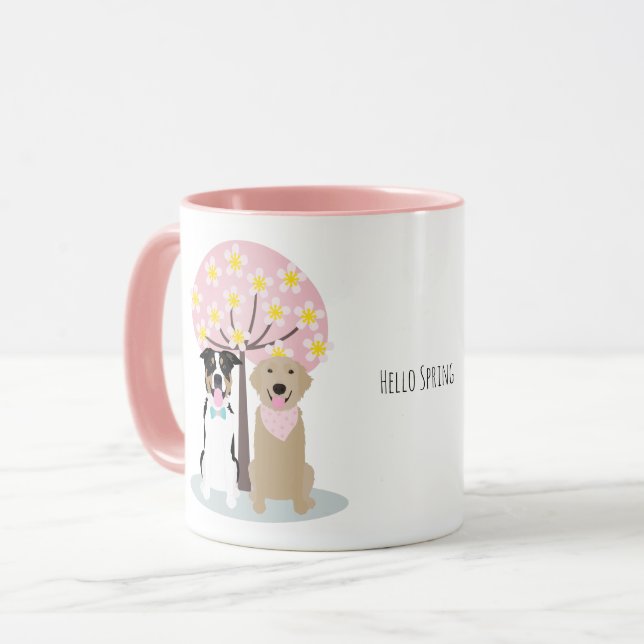 Mug Bonjour Chiens De Printemps Par Cherry Blossom Tre (Devant gauche)