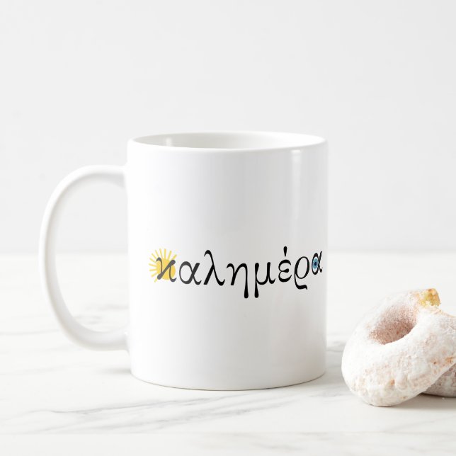 Mug Bonjour en grec (kalimera) avec soleil et oeil dia (Avec donut)