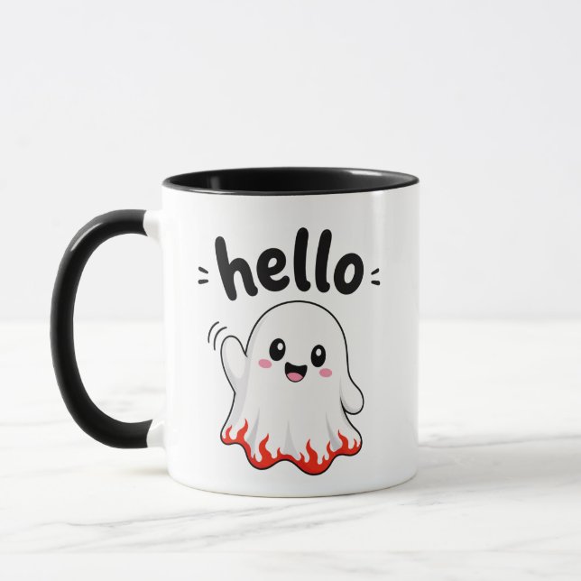 Mug Bonjour Gentil Fantôme avec Bordure de Flamme Arde (Gauche)
