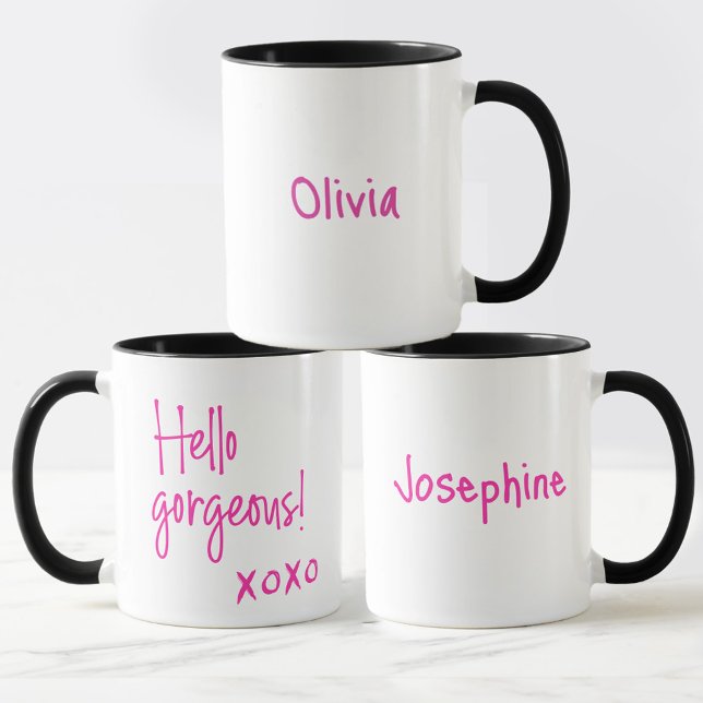 Mug Bonjour magnifique Galentine's Day XOXO Personnali (Personalized "Hello Gorgeous!" Mugs for your Galentine's day celebration.)