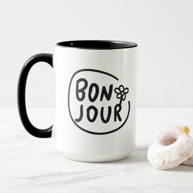Mug Bonjour Simple Moderne Floral Français Salutation (Avec donut)
