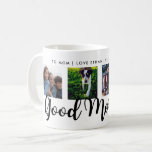 Mug Bonjour | Typographie moderne Quatre Grille photo<br><div class="desc">Cette chic tasse noire et blanche a de l'espace pour quatre de vos photos carrés,  et dit "Good Morning" dans la typographie noire moderne. Personnalisez avec n'importe quel message et nom le long de la bordure supérieure.</div>