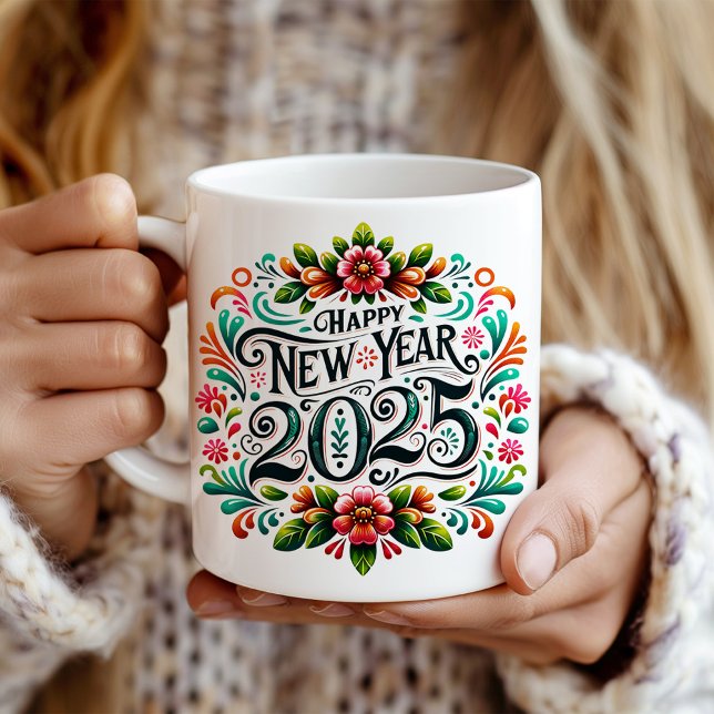 Mug "Bonne année 2025" Fiesta mexicaine colorée ("Happy New Year 2025" Colorful Mexican Fiesta Coffee Mug in hands.)