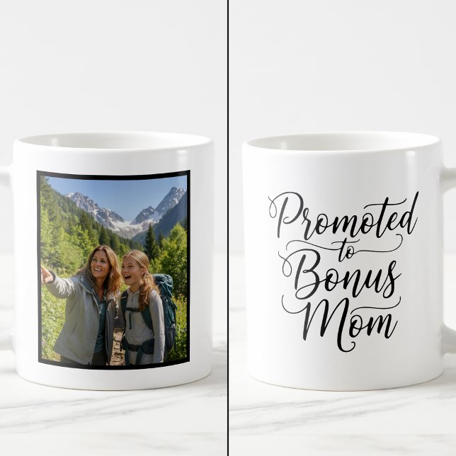 Mug Bonus Mom Promoted Elegant Cursive Custom 1 Photo (Créateur téléchargé)
