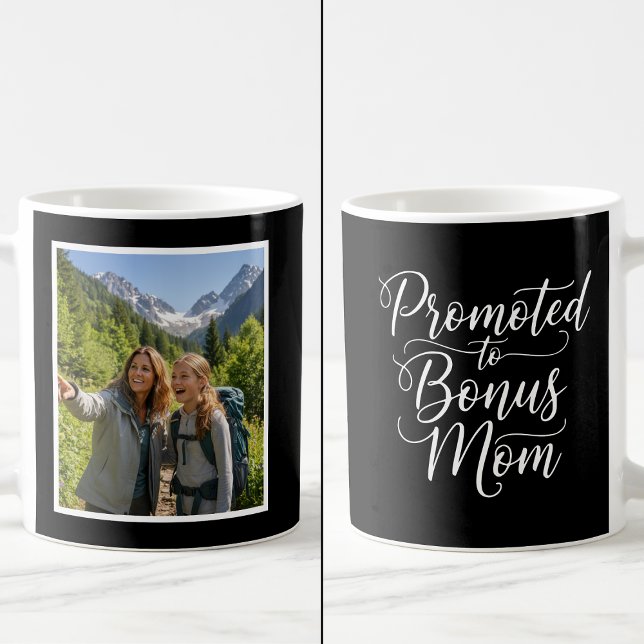 Mug Bonus Mom Promoted Elegant Custom 1 Photo Black  (Créateur téléchargé)
