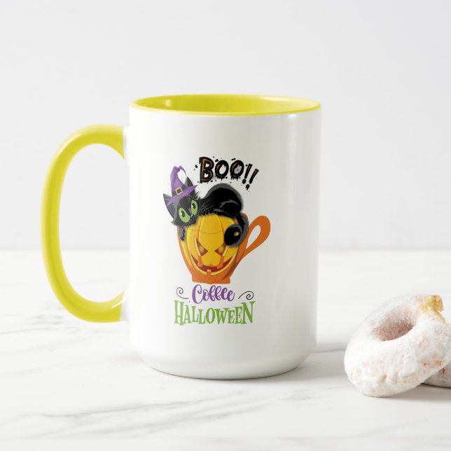 Mug Boo Black Cat, Scary Pumkin Coffee Halloween (Avec donut)