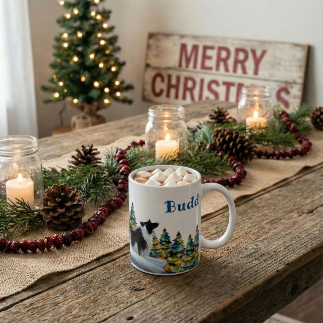Mug Border Collie dans la forêt enneigée d'hiver arbre (Créateur téléchargé)