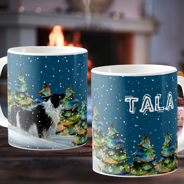 Mug Border Collie dans la forêt enneigée d'hiver arbre (Créateur téléchargé)