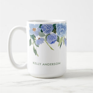 Mug Bordure aquarelle florale bleue à monogramme éléga