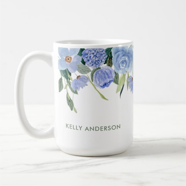 Mug Bordure aquarelle florale bleue à monogramme éléga (Gauche)