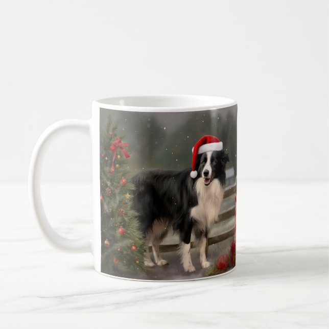 Mug Bordure Collie Chien dans neige Noël (Gauche)